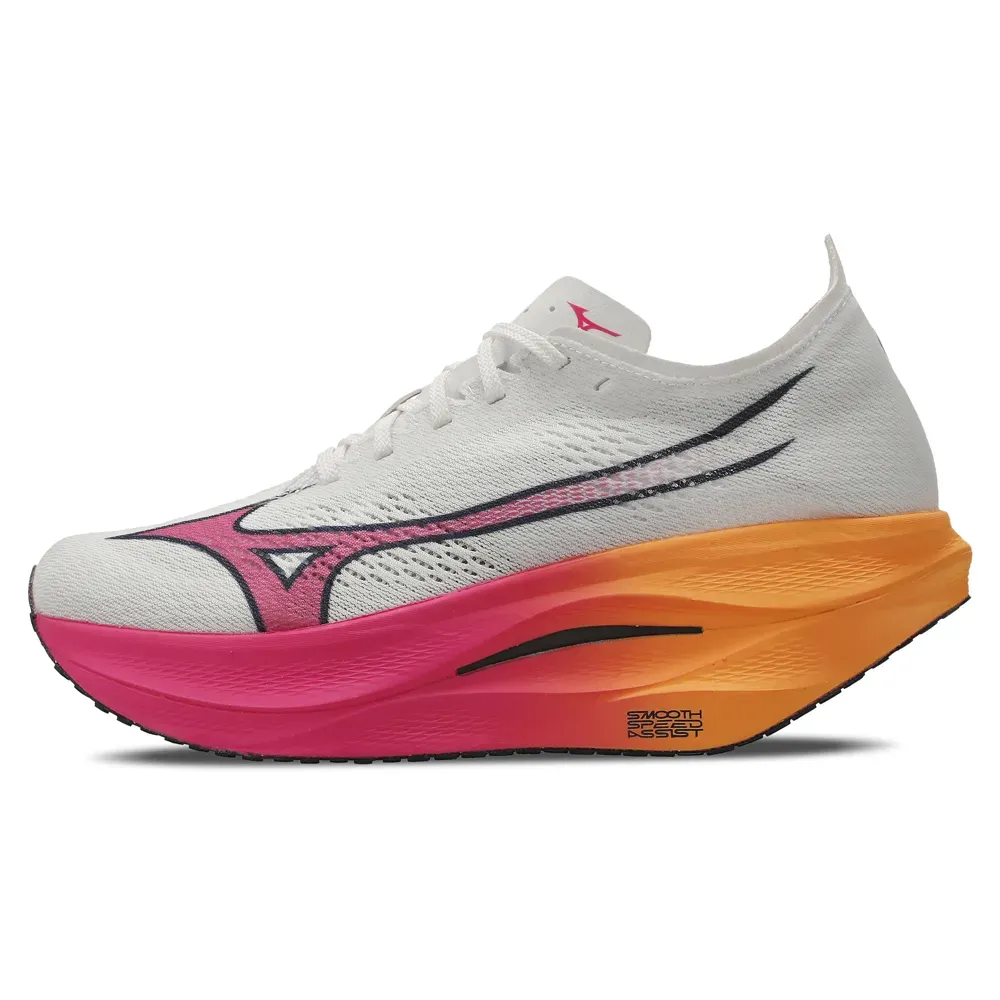 Tênis Mizuno Rebellion 3 masculino branco com detalhes rosa e laranja, vista lateral direita